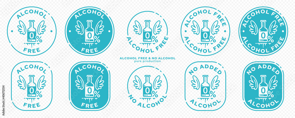 Conceptual stamps for packaging products. Labeling - alcohol free. Stamp with a flat icon of a bottle with wings - a symbol of the liberated, free. The product is free of absorbable ingredient-Vector 