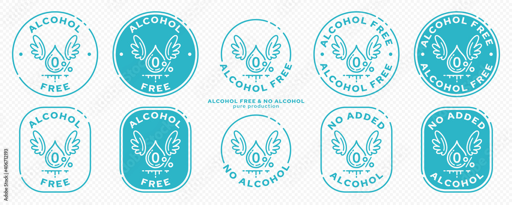 A set of conceptual stamps for packaging products. Labeling - alcohol free. Stamp with a flat icon of a blob with wings - a symbol of the liberated, free. The product is free of absorbable ingredient. A set of conceptual stamps for packaging products. Labeling - alcohol free. Stamp with a flat icon of a blob with wings - a symbol of the liberated, free. The product is free of absorbable ingredient.
