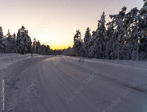 Road running through a snowy winter forest at dusk. © henjon