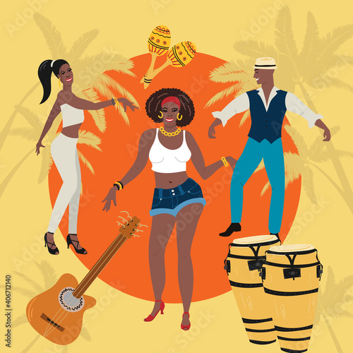 Man, woman at the party dancing hold latin dance, salsa, cha-cha, rimba, mambo. Tropical background, t-shirt, poster, party invitation concept.