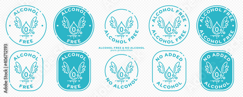 A set of conceptual stamps for packaging products. Labeling - alcohol free. Stamp with a flat icon of a blob with wings - a symbol of the liberated, free. The product is free of absorbable ingredient.