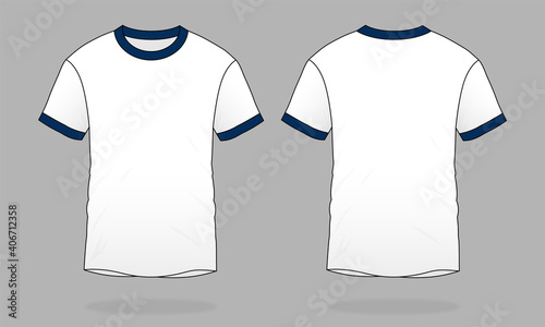 White Short Sleeve T-Shirt with Navy Blue Collar-Cuff with Contrast Color Design on Gray Background. Front and Back Views, Vector File.