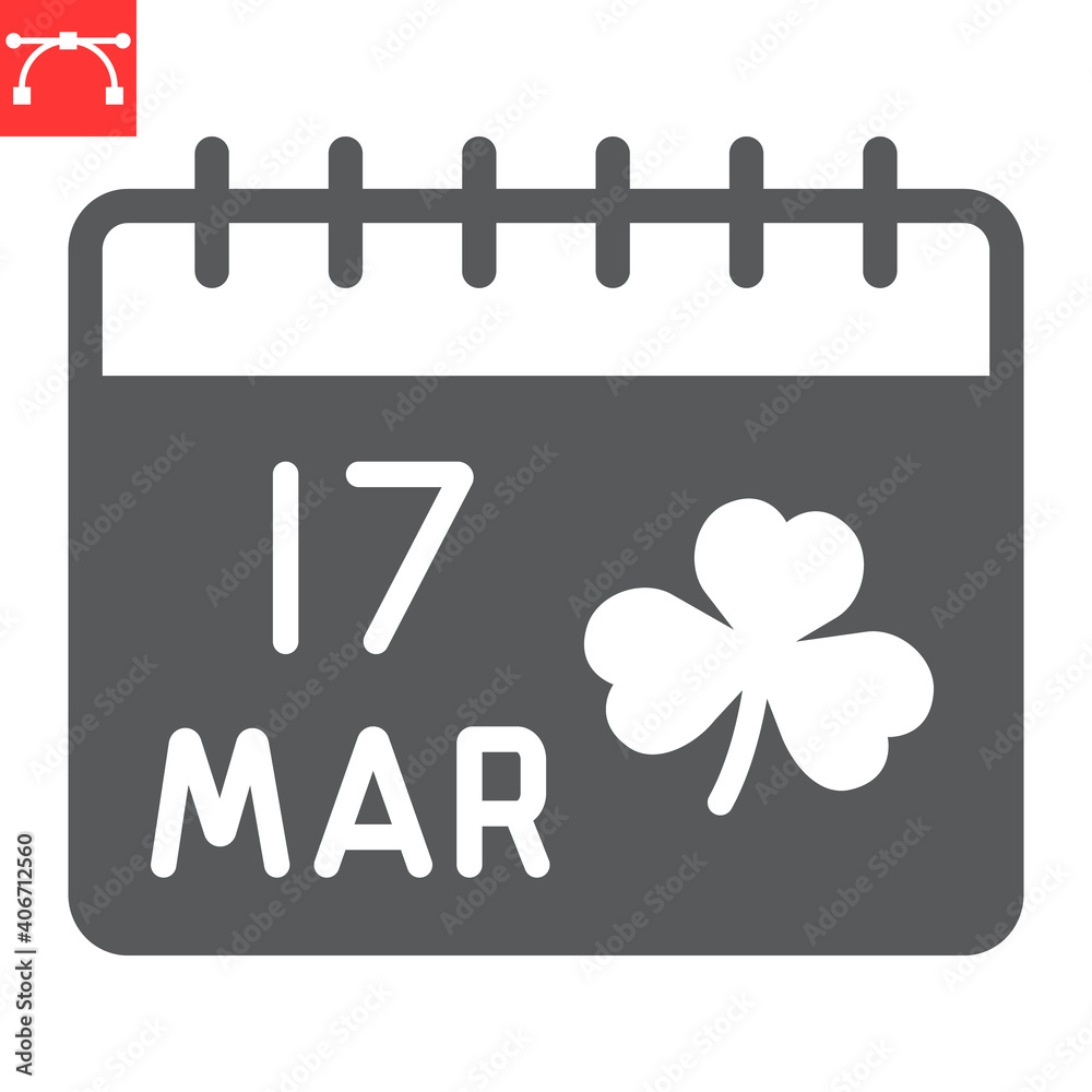 St. Patricks day calendar glyph icon, St. Patricks day date and holiday, calendar with clover vector icon, vector graphics, editable stroke solid sign, eps 10.