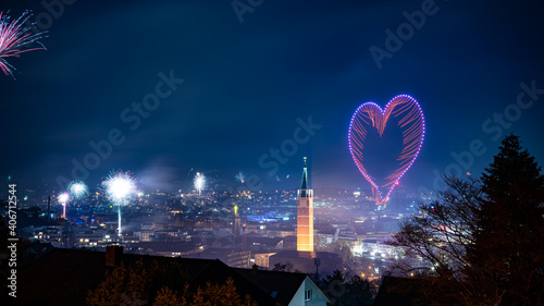 Silvester in Pforzheim - Drohnen formen Herz: I heart Pforzheim.