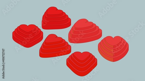 Set of vector isometric layered red hearts. Template elements for Valentine`s day design. 