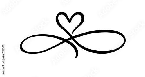 Love hand drawn heart sign of infinity with cute sketch line. Divider doodle love shape isolated on white background for valentines day, wedding, mother's day or woman's day. Vector illustration photo