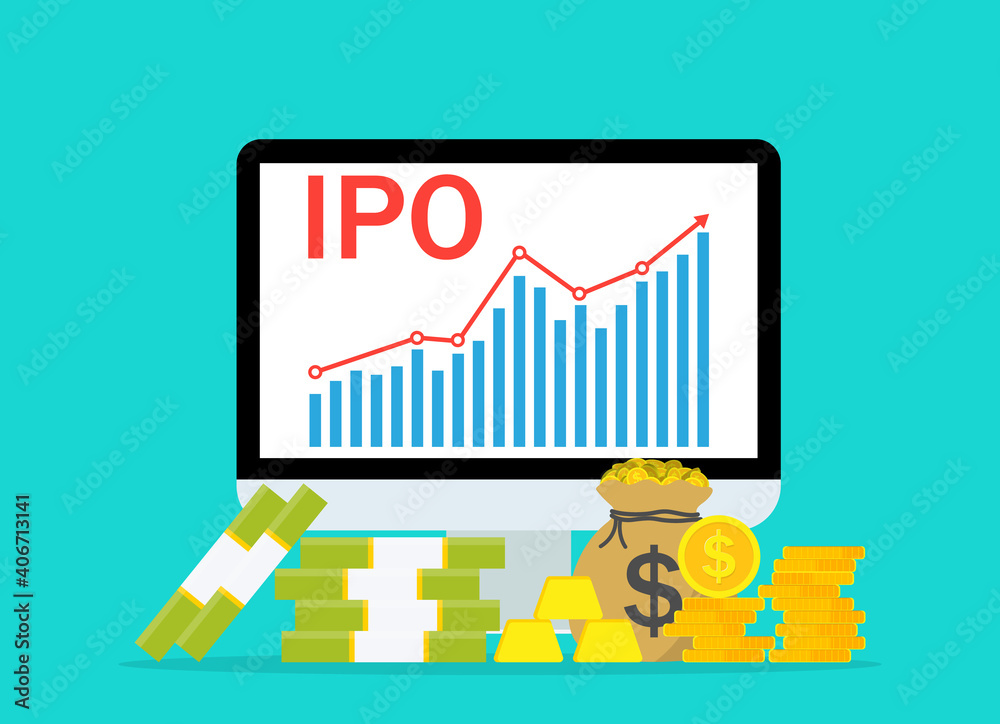 IPO. Public stock. Stock market of initial public offering for invest. Icon of finance chart with increase capital. Concept of growth financial of equity. Launch and strategy of public stock. Vector IPO. Public stock. Stock market of initial public offering for invest. Icon of finance chart with increase capital. Concept of growth financial of equity. Launch and strategy of public stock. Vector