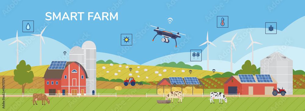 Smart Farm Horizontal Flat Vector Banner. Rural Panorama Scenery With Solar Panels, Windmills, Drone, Barn, Silo, Cows, Sheep, Tractor, Farming Icons.