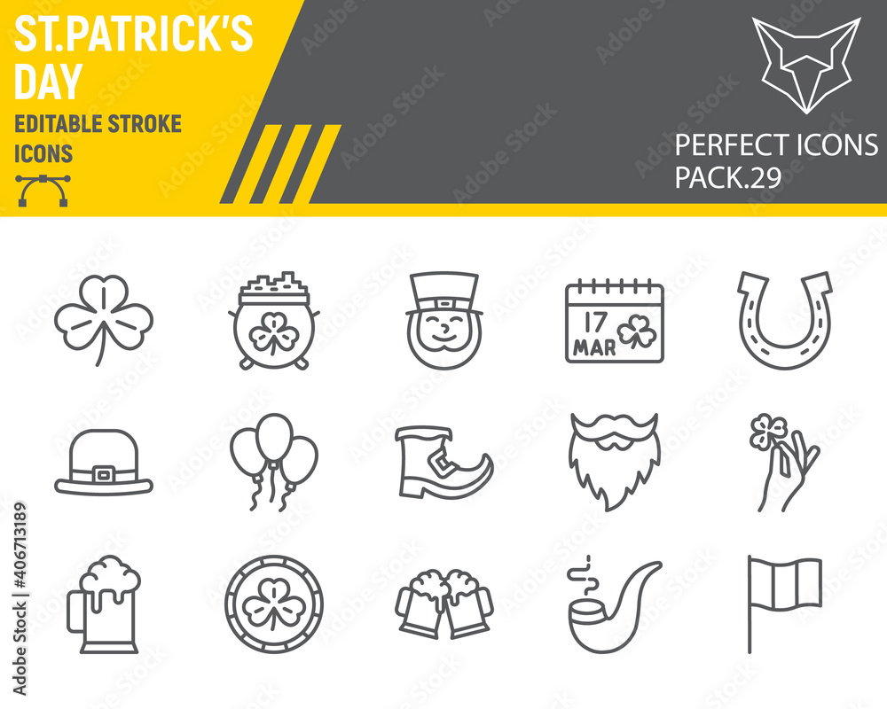St. Patricks Day line icon set, holiday collection, vector graphics, logo illustrations, St. Patricks Day vector icons, celebration signs, outline pictograms, editable stroke.