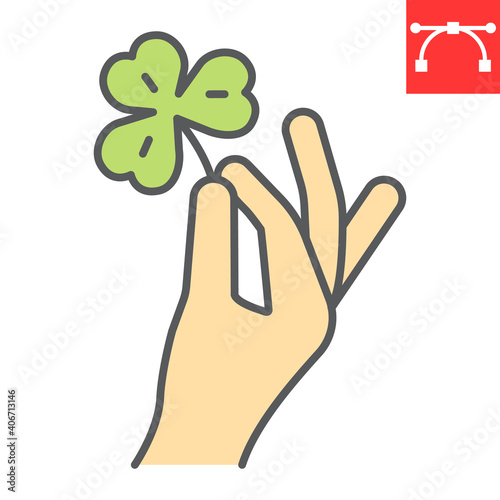 Hand holding clover color line icon, St. Patricks day and holiday, hand hold lucky clover vector icon, vector graphics, editable stroke filled outline sign, eps 10.