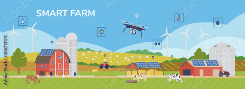 Smart Farm Horizontal Flat Vector Banner. Rural Panorama Scenery With Solar Panels, Windmills, Drone, Barn, Silo, Cows, Sheep, Tractor, Farming Icons.