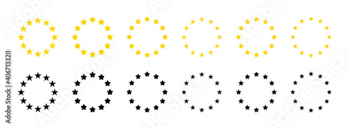 Star icons in circle. Gold and black european logos on white background. EU flag. 12 yellow stars for europe union. Badges of euro military, community, economic and council. Eurozone market. Vector