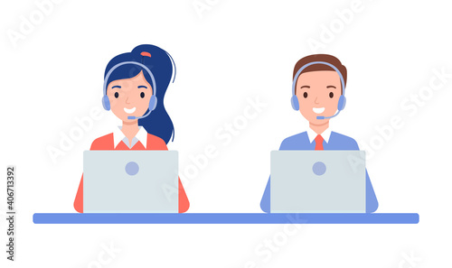 A girl and a guy in headphones, the concept of a call center and online customer support. Vector illustration in flat style.