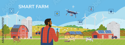 Smart Farm Horizontal Vector Banner. African American Farmer Holding Tablet Managing Farm With Mobile App With All Farming Data. Rural Scenery With Solar Panels, Windmills, Drone, Cows, Tractor.