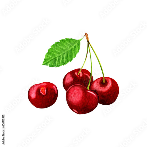 Beautiful watercolor illustration of red ripe cherries with green leaf,on white background.For embroidery patterns,greeting cards,stickers,patterns,print on textiles and other souvenir products.