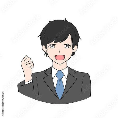 グレーのスーツを着たビジネスマン　ガッツポーズ　笑顔