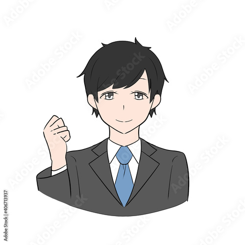 グレーのスーツを着たビジネスマン　ガッツポーズ
