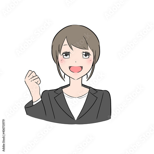 グレーのスーツを着たビジネスウーマン　ガッツポーズ　笑顔