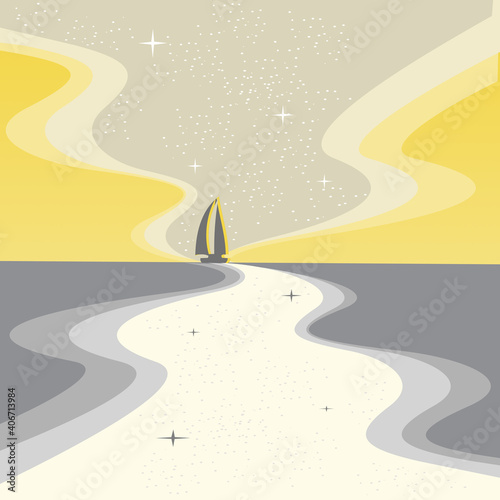 Vector illustration in the colors of 2021 according to Panton. Yacht sailing on the sea