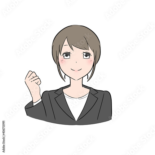 グレーのスーツを着たビジネスウーマン　ガッツポーズ