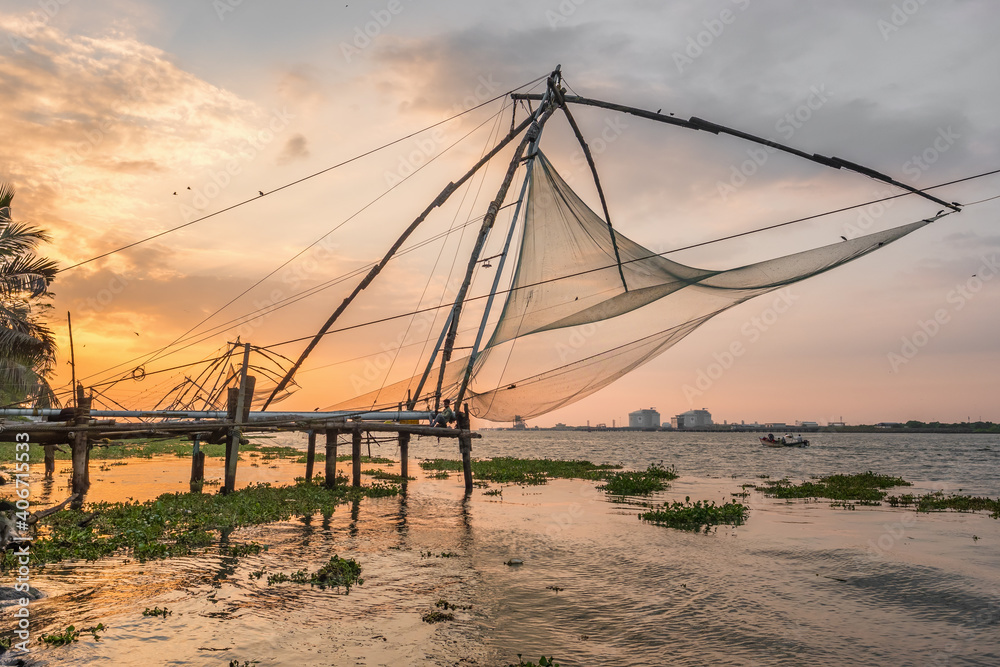 Chinese fishing net at sunrise in Cochin, Kerala, India