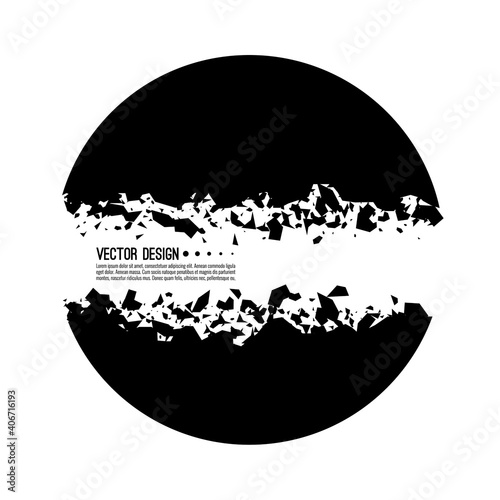 Explosive black banner. Vector circle breaking into small debris with sharp particles.