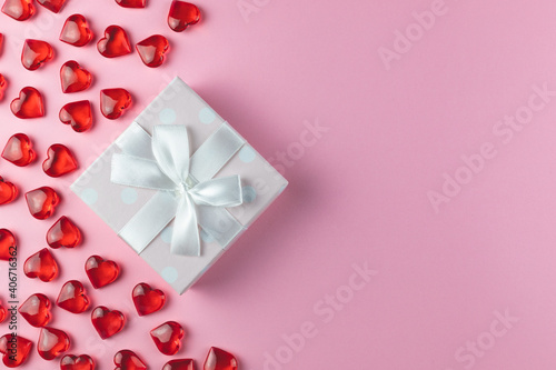 Festive background. Valentine's Day Mother's Day 8 March Box Gift Box Red Hearts Pink Background Place Text © Elena Medoks
