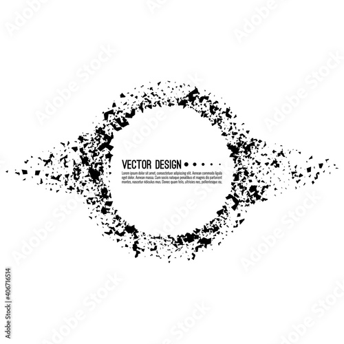 Explosive black banner. Vector circle breaking into small debris with sharp particles.