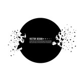 Explosive black banner. Vector circle breaking into small debris with sharp particles.