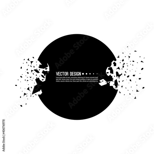 Explosive black banner. Vector circle breaking into small debris with sharp particles.