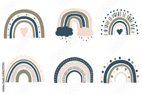 Set of cute colorful rainbows and clouds, fun cartoon icons design vector illustration for nursery prints, baby clothing, room decoration