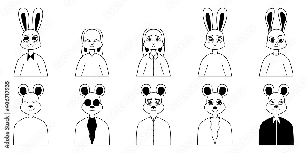 Modern animal character. Set of ten black and white portraits of rabbit and bear with different details. Cartoon. Vector illustration design for your project and business. Modern animal character. Set of ten black and white portraits of rabbit and bear with different details. Cartoon. Vector illustration design for your project and business.
