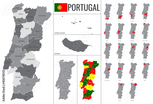 Detailed vector map of Portugal regions with flag