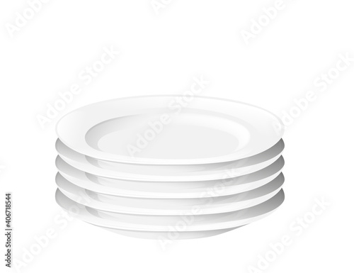 Stack pile of clean white ceramic plates vector illustration on white background realism style