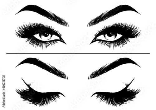Hand-drawn woman sexy makeup look with perfectly eyebrows and full lashes
