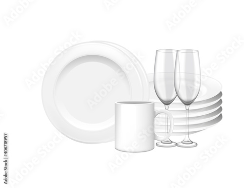 Stack of clean plates mug and glass wines home or restaurant dishwashing vector illustration realistic style on white background