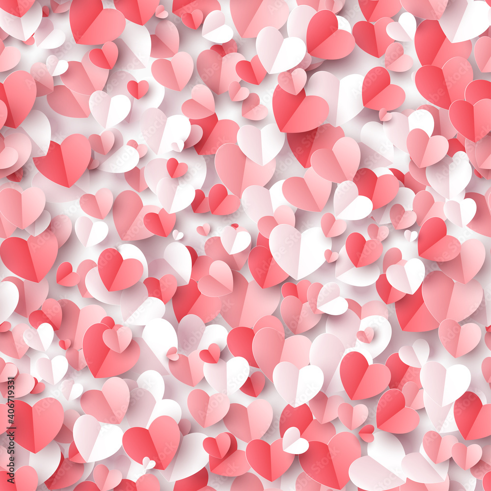 Valentine's day concept seamless pattern background. Vector illustration. Many 3d red, white and pink paper cut hearts wallpaper. Cute love sale backdrop for greeting card