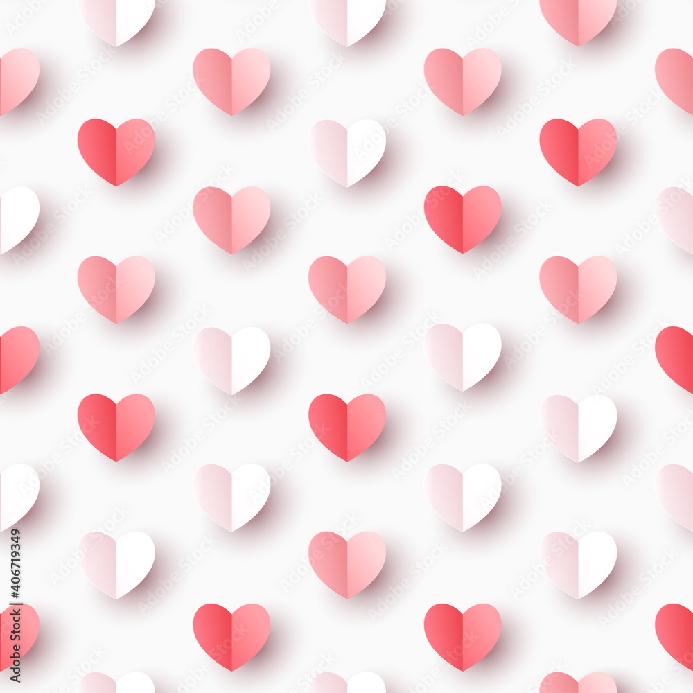Valentine's day concept seamless pattern background. Vector illustration. 3d red, white and pink paper cut hearts wallpaper. Cute love sale backdrop for greeting card