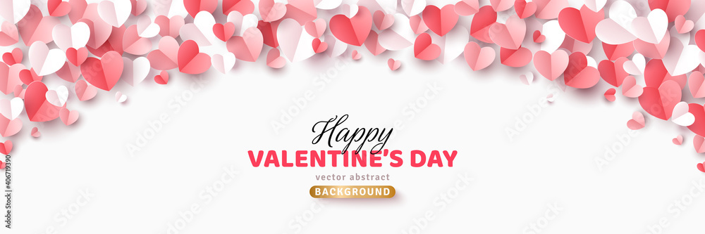 Valentine's day concept background. Vector illustration. 3d red, white and pink paper cut hearts frame or border. Cute love sale banner or greeting card