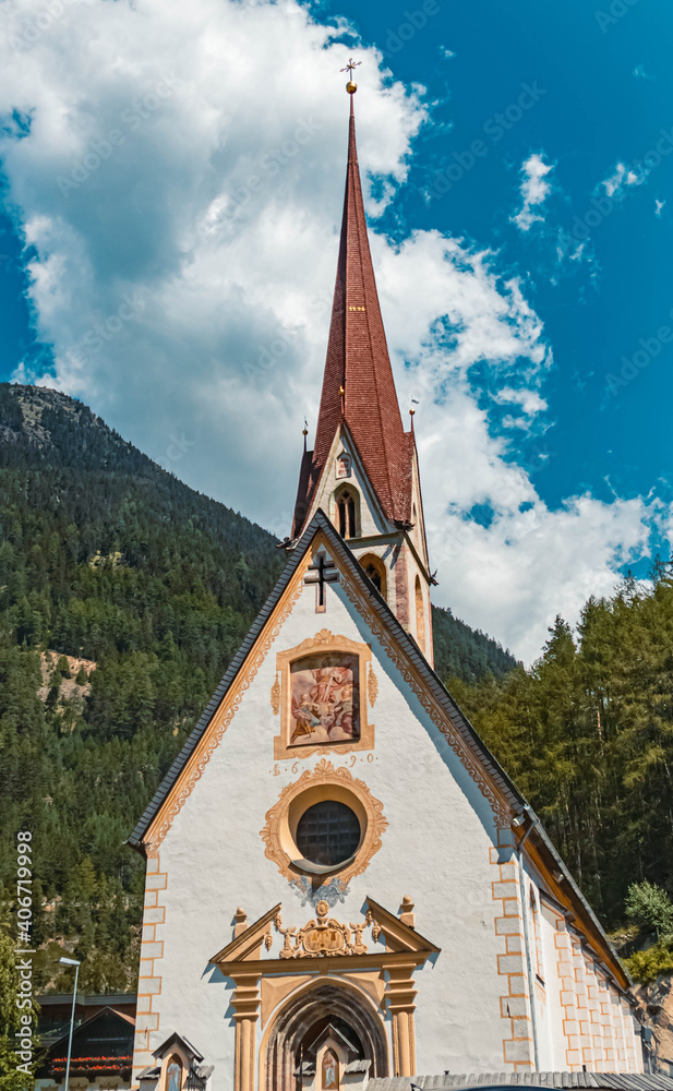Beautiful church on a sunny day at Laengenfeld, Oetztal, Tyrol, Austria