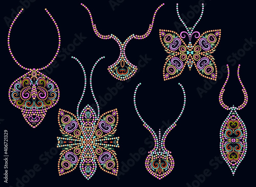 A set of beautiful pendants - butterflies and hearts. Colorful design for jewelry. Isolated objects on a black background. Vector clipart