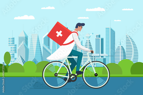 Medicine pharmacy delivery. Male doctor riding bicycle with medical sanitary box first aid on city park road. Therapist pharmacist emergency on cycle vector flat eps illustration