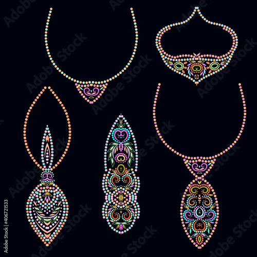 A set of beautiful pendants. Colorful design for jewelry. Isolated objects on a black background. Vector clipart