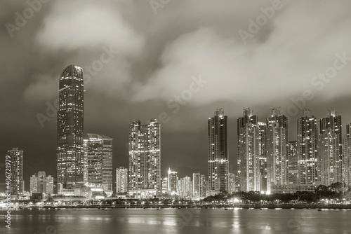Skyline and harbor of Hong Kong city at night © leeyiutung