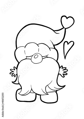 Black line a cute Gnomes standing with heart. Hand drawn chibi cartoon character. Doodle for coloring, decoration or any design. Vector illustration of kid.