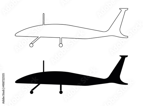 Monochrome unmanned aerial vehicle icon. Aviation technology military drone modern warfare. UAV has a modern outline with contours and icons. Side view UAV icon.