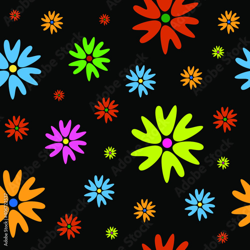 Colorful and bright hand drawn simple flowers on black background. Abstract exotic style. Pink, green, red, blue and purple hues. Floral tile great as template, backdrop, banner, wrapping or fashion.