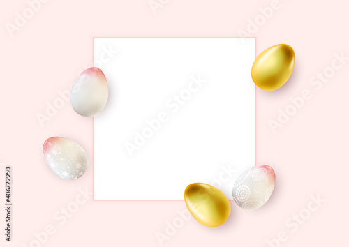 Easter poster template with 3d realistic  Easter eggs and empty frame.  Template for advertising, poster, flyer, greeting card.  Vector Illustration EPS10