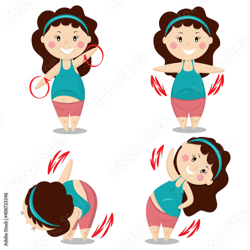 Cute girl work out different fitness exercises. Healthy lifestyle. Cartoon vector set.