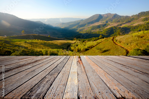   Empty wooden terrace. with mountain landscape